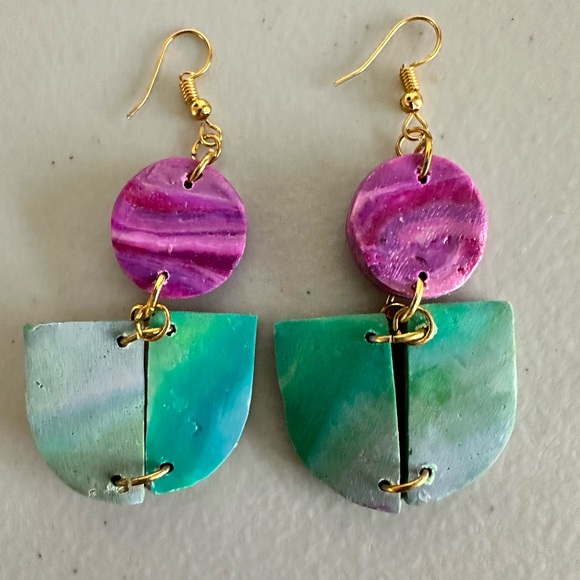 Handmade Polymer Dangle Earrings Colorful Jewelry Pink Turquoise - Picture 2 of 3